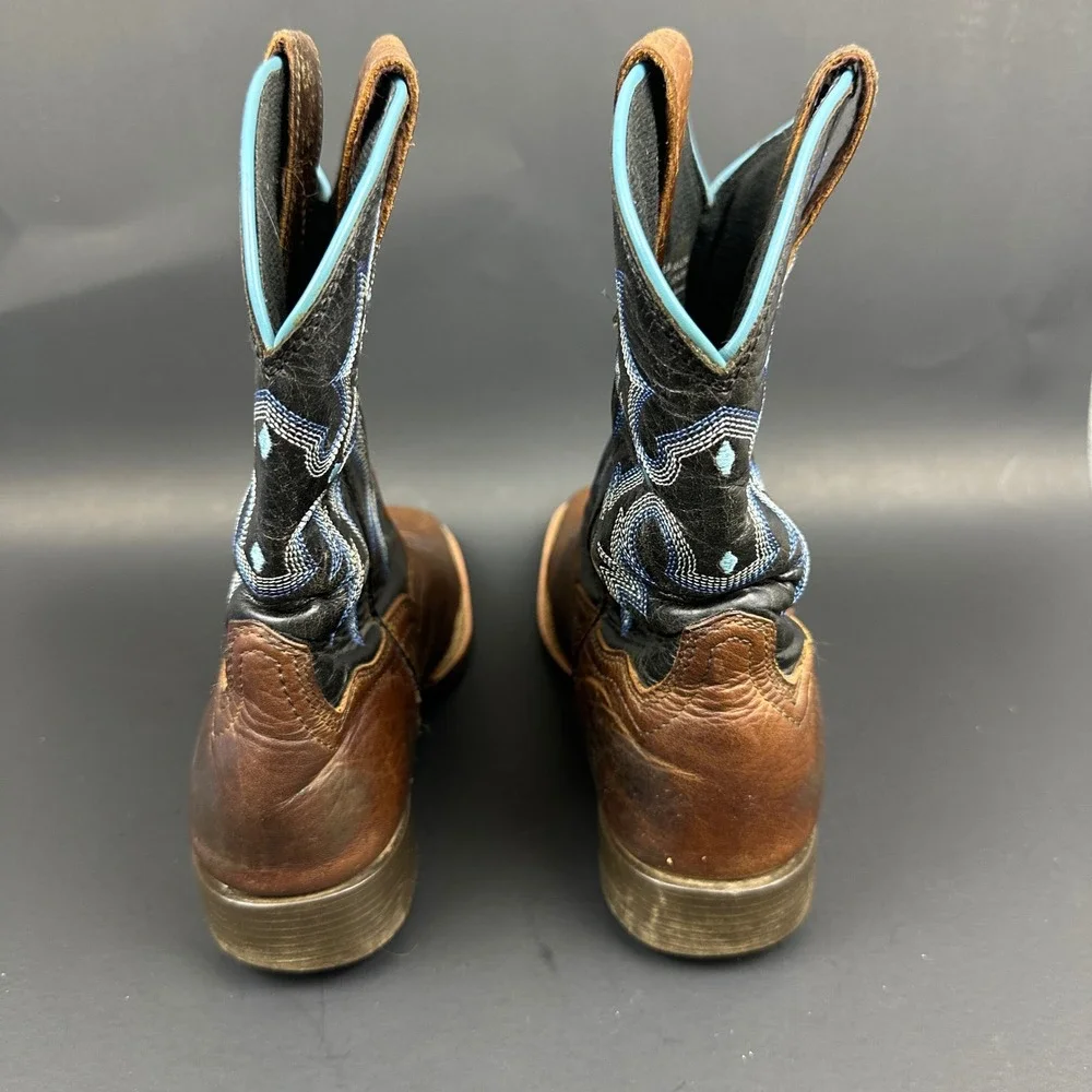 Ariat Brown Black Leather Western Boots Square Toe Blue Stitching Kids Size 4
